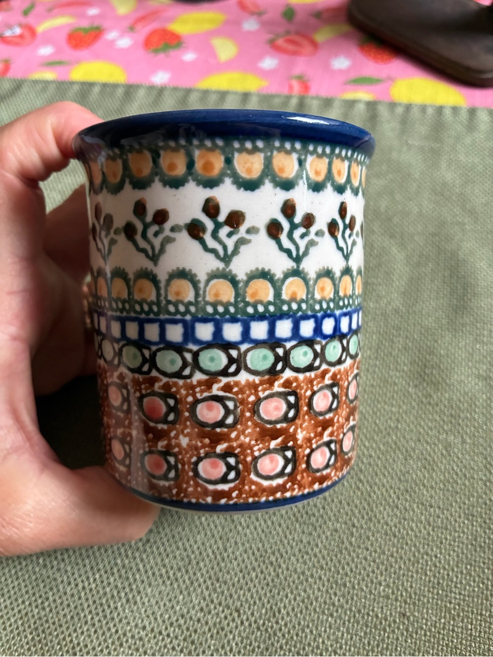 Hand-Painted Floral Pattern Ceramic Mug - Blue Rim - Picture 2 of 5